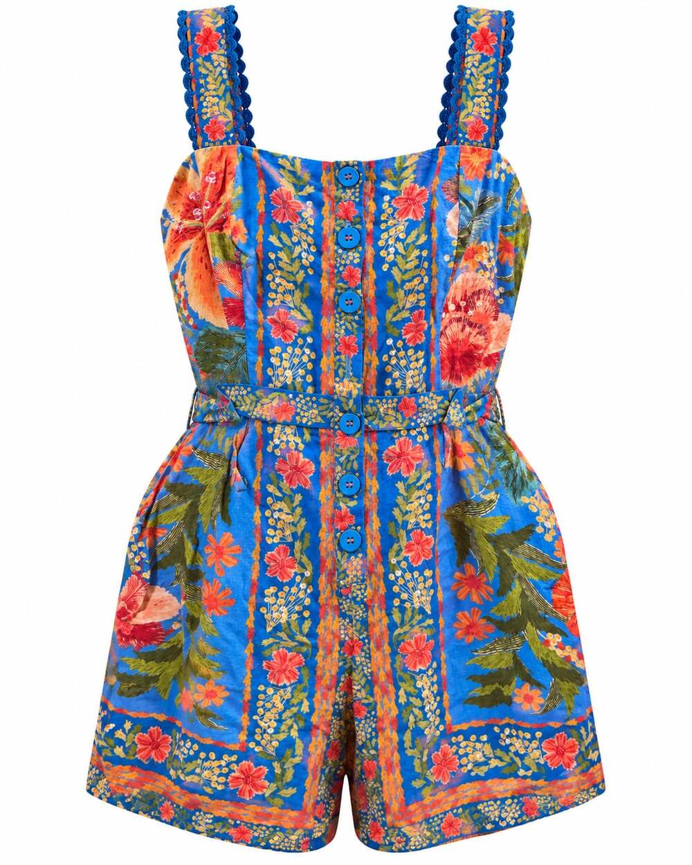 FARM Rio Stitched Garden Romper Size L Blue Floral